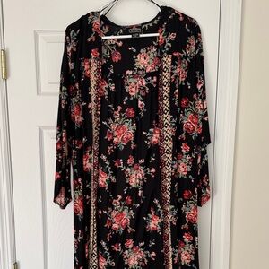 Angie Black Open Cardigan Wrap with Red and Pink Floral Design